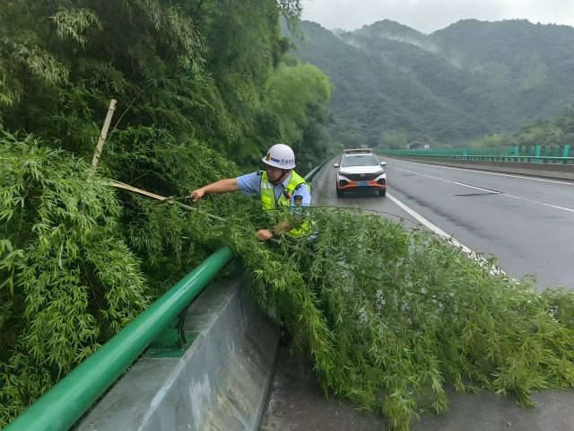 05 臺風(fēng)格美登陸在即，7月26日 六安西中心管控部巡路員柴夢麒清理侵占路面的毛竹(1).png
